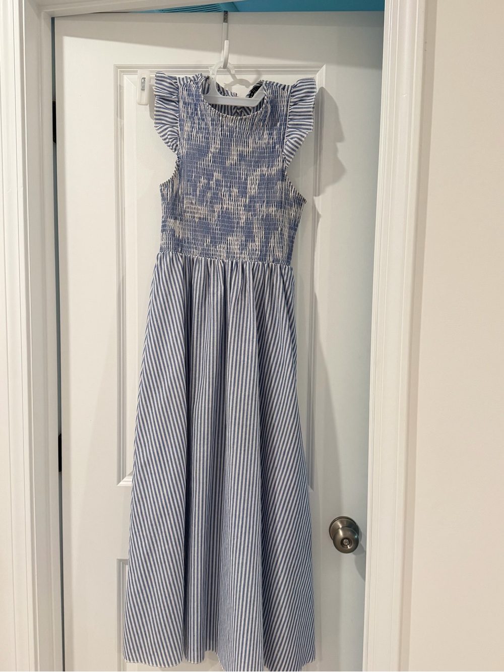 SHEIN Blue & White Striped Smocked Maxi Dress with Flutter Sleeves